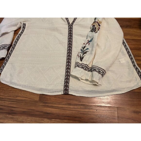 Lucky Brand Boho Peasant Top M White Embroidered Floral Long Sleeve Tunic Blouse - Picture 10 of 10